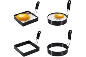 Beiskll Egg Rings for Frying Eggs, Square+Round Egg Cooking Stainless Steel, for English Muffins Pancake, with Silicone Handle - Set of 4