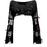 BEAUDRM Women's Crochet Bolero Shrug Hollow Out Ripped Bow Crop Top Goth Grunge Bell Sleeve Sweater