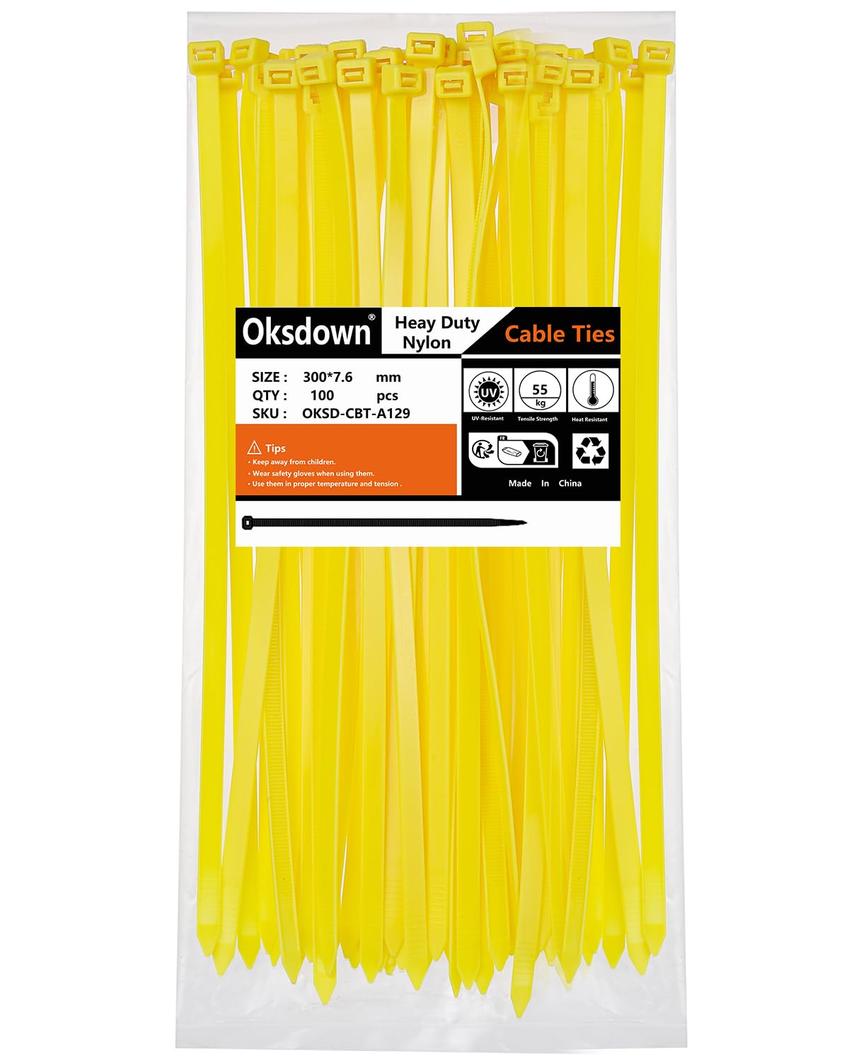Oksdown 100 Pack Yellow Thick Cable Ties Heavy Duty Large 300mm×7.6mm Strong Nylon Plastic Self Locking 12 inch/30 cm Extra Long Zip Tie Wraps — image 1