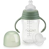 noüka Transitional Baby Bottle/Sippy Cup | Non Spill | Easy Grip Double Handles | Dishwasher Friendly | Moss | Size 8 Oz