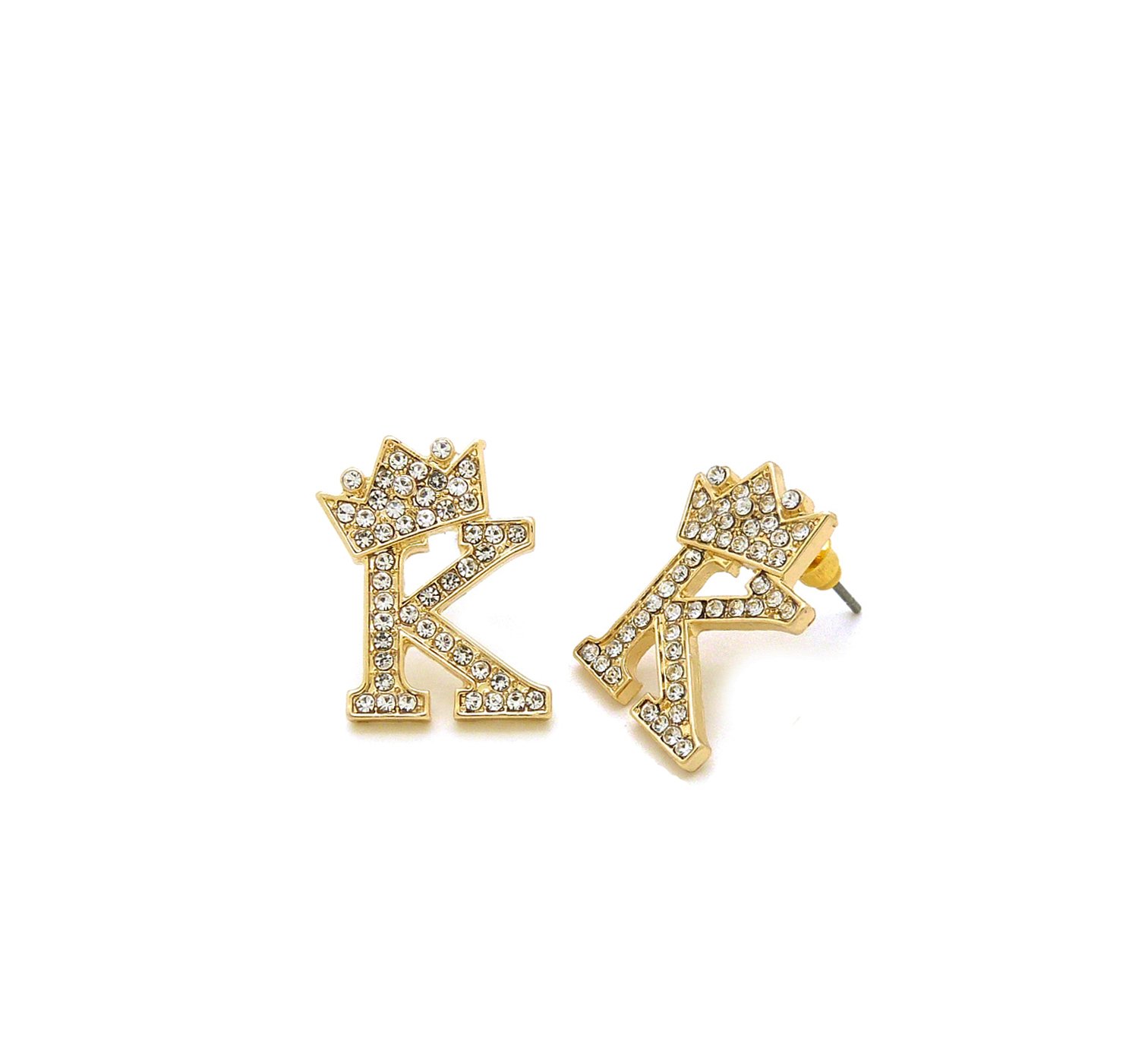 Fashion 21Hip Hop Crown Tilted Initial Alphabet Letter Pierced Post Stud Earring Gold, Silver Tone