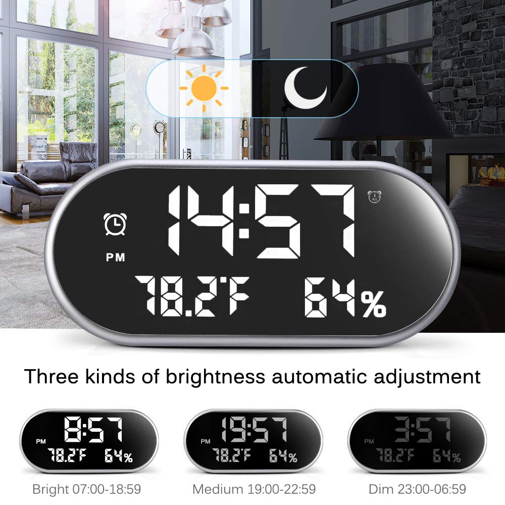 USB Digital Alarm Clocks Mirror Bedside Large LED Display Non Ticking for Kids