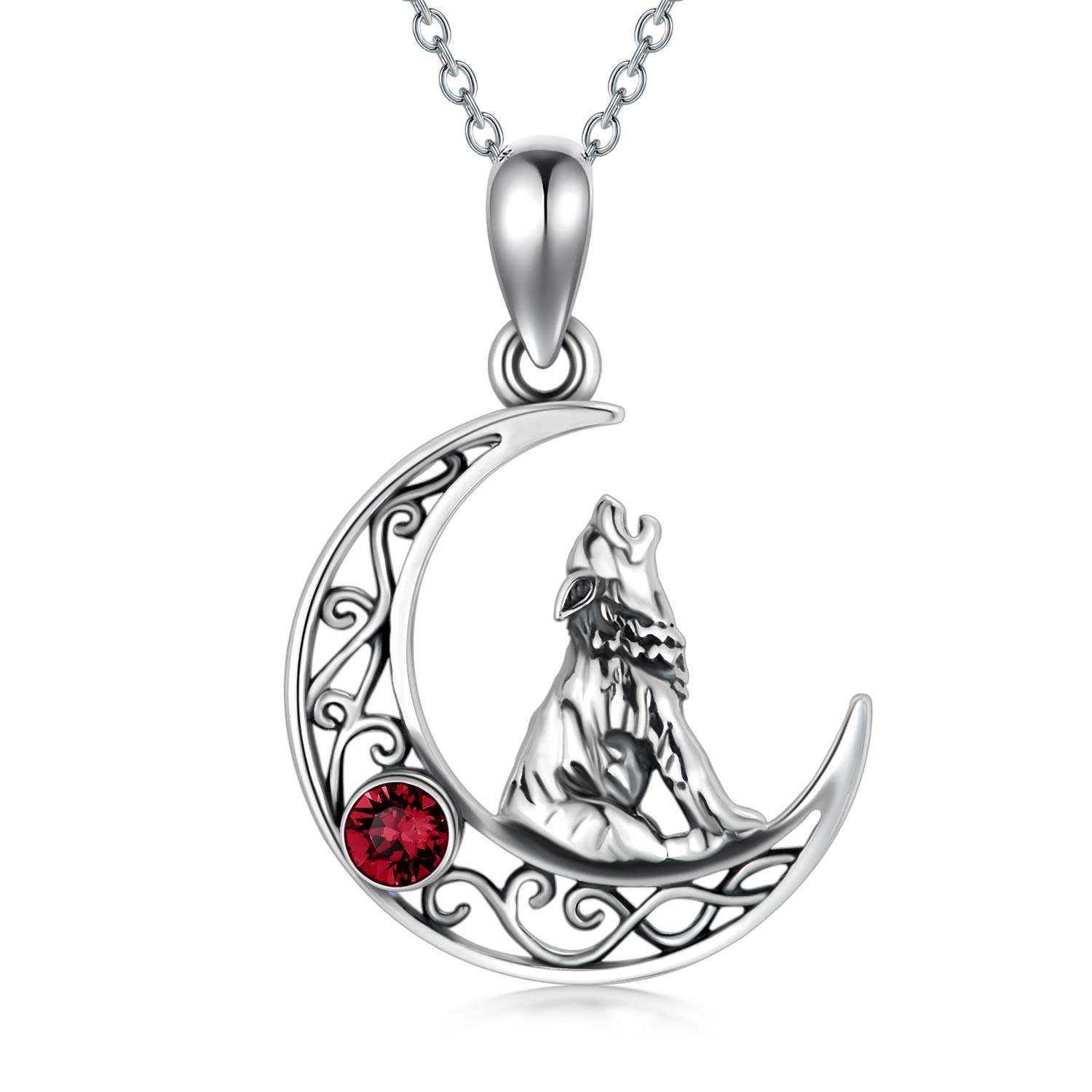 AOBOCO Sterling Silver Crescent Wolf Pendant Necklace, Wolf Jewellery Gifts for Women Her (Simulated Ruby)