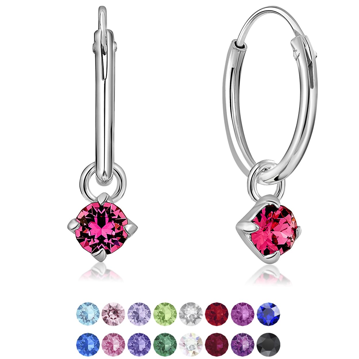 925 Sterling Silver Small Hoops Earrings with Dangling Heart in Glittering Crystals 3 mm - Heart Earrings Pink Colour - Thickness 1.5 mm - Diameter: 14 mm