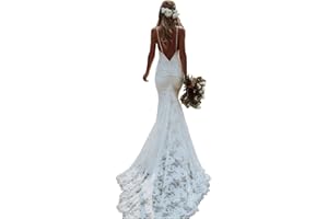 HANSHI E-COMMERCE Mermaid Wedding Dresses for Bride 2024 Boho Lace V-Neck Backless Beach Bridal Dress for Bride