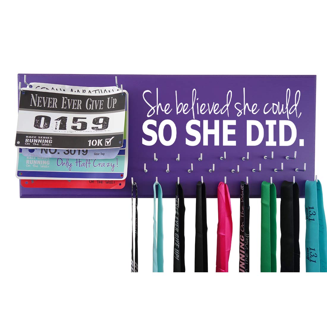 Running On The Wall - Race Bib and Medal Display Rack- Wall Mounted Sports Medal Holder and Hanger for 5K, 10K and Marathons Runners - SHE Believed SHE Could, SO SHE DID