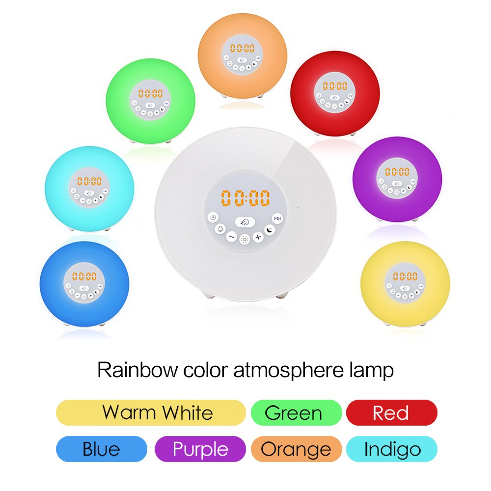 Reliatronic Sunrise Alarm Clock, Wake-Up Light Alarm Clock with 6 Nature Sounds, 7 Colors Light, FM Radio, USB Charger,Touch Control