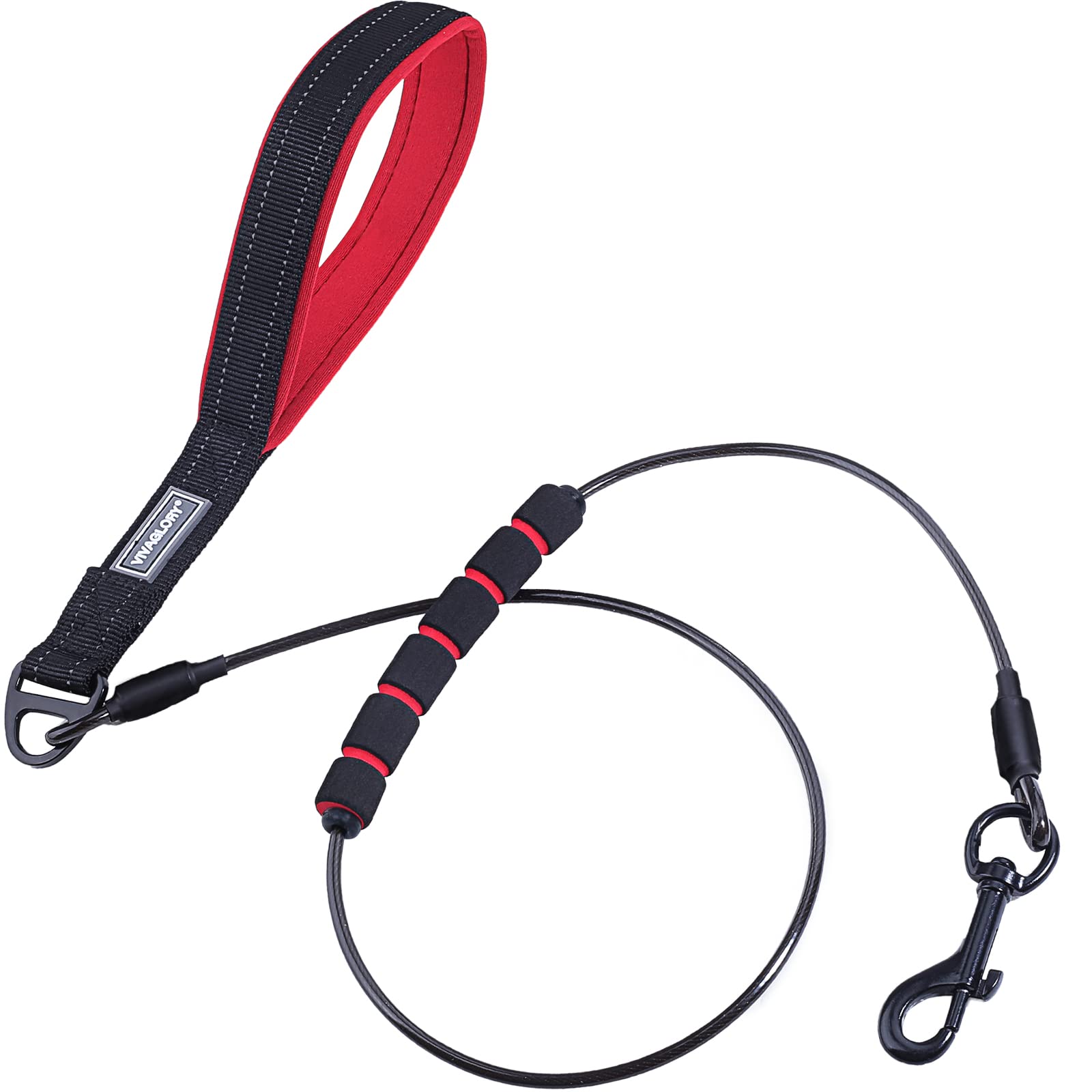 VIVAGLORY Chew Proof Dog Lead Toughbite Anti Chew Dog Lead, Leash with Traffic Handle & Double Handle for Training & Walking, Non Chewable Metal Chain Waterproof for Pet Puppy, 120cm, Black