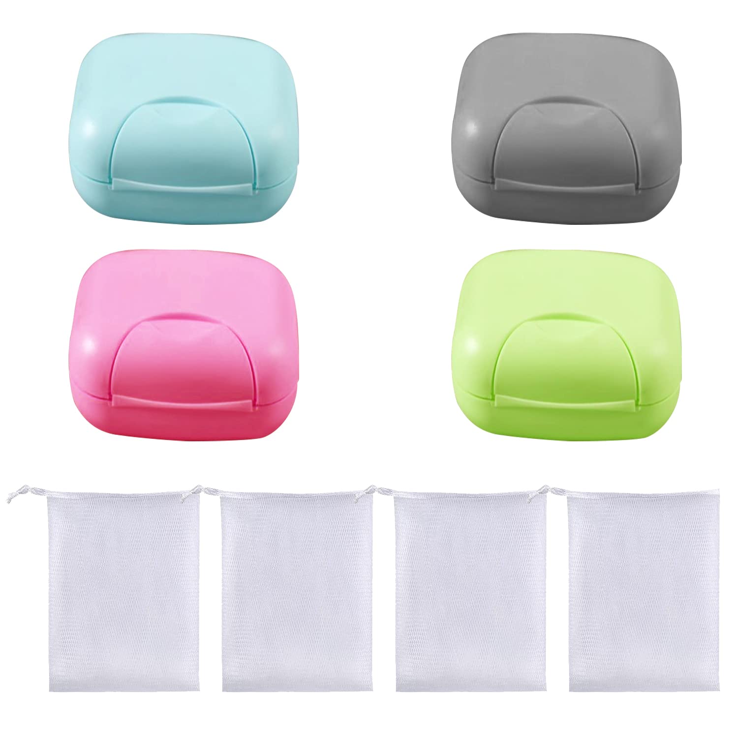 Portable 4pcs Face WashSoap and Mesh Bag for 4pcs Soap Dish Leakproof Waterproof with Lid for Home, Bathroom(Small Size)