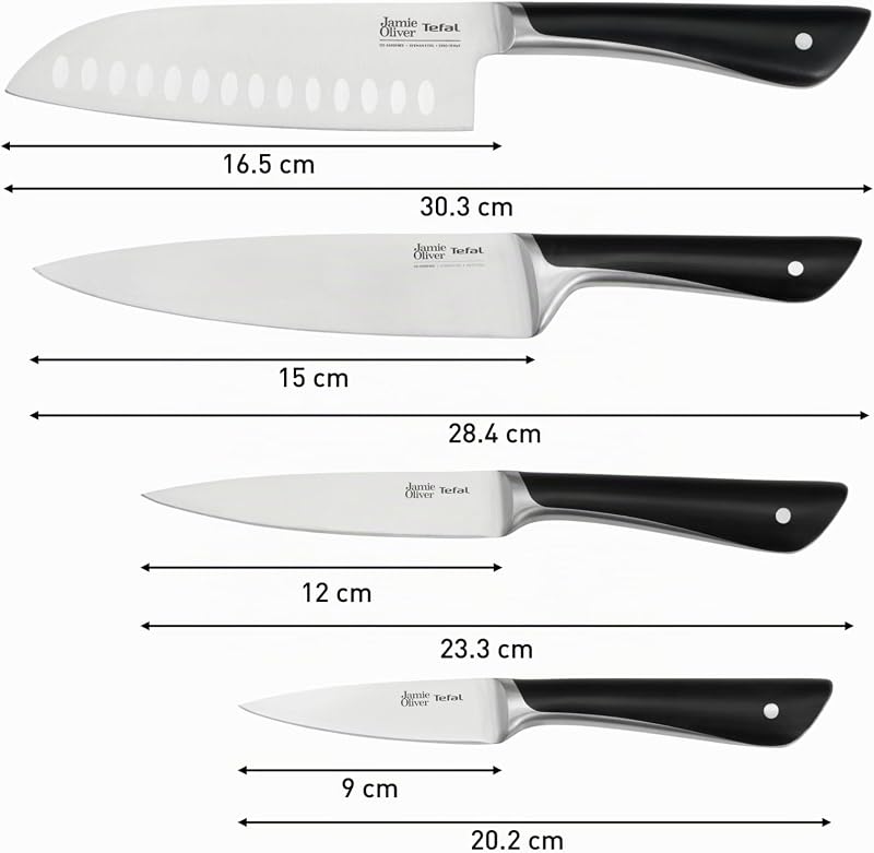 Jamie Oliver - Conjunto de 4 facas: Santoku 16,5 cm, Chef 15 cm, Universal 12 cm e Peeler 9 cm, Aço Inoxidável, Endurecida a Gelo -120°C, Corte Preciso, Cabo Robusto, Design Durável