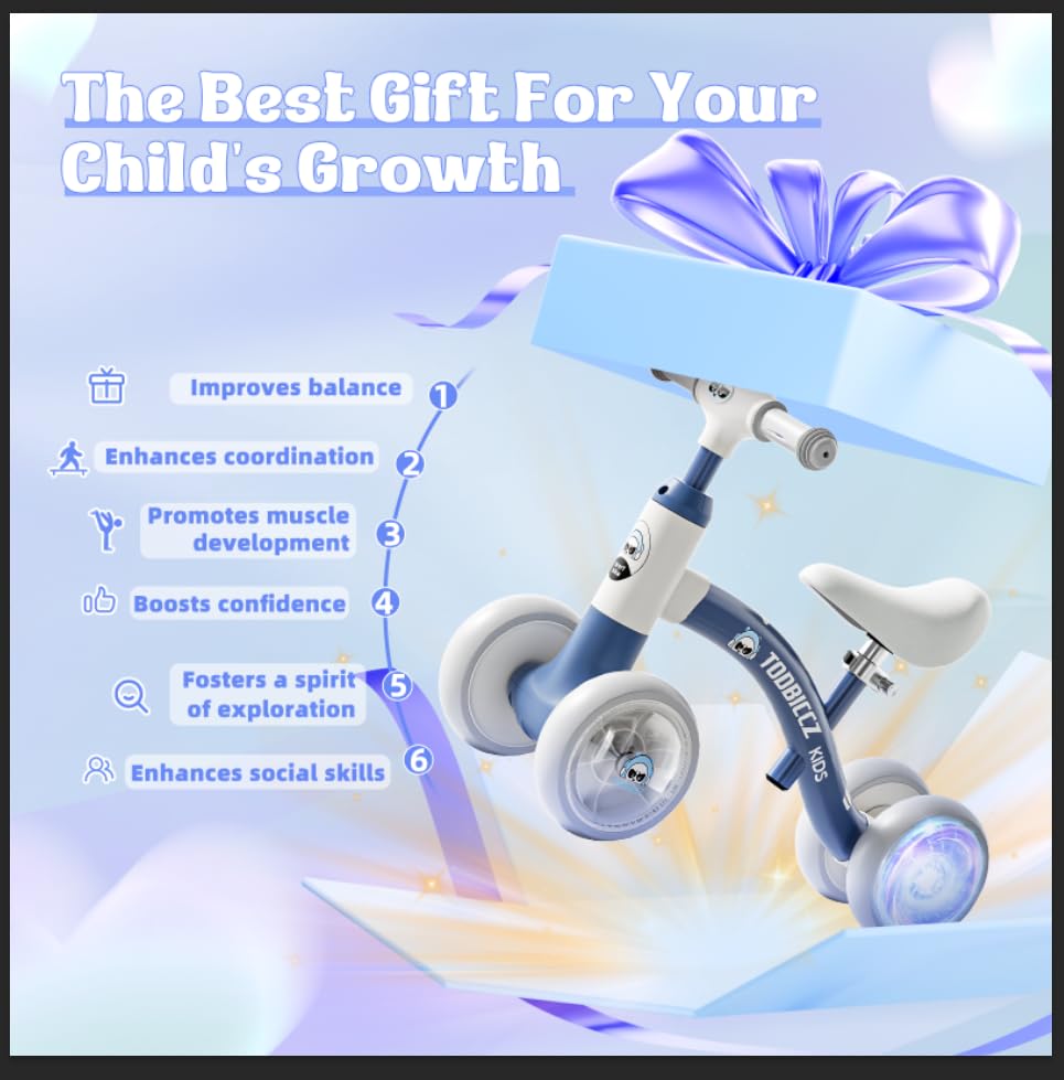 Colorful Lighting Baby Balance Bike, 4 Silence Wheels, Adjustable Handlebar Seat, No Batteries, Toys for 1 Year Old Boy Gifts 10-24 Month, Indoor/Outdoor