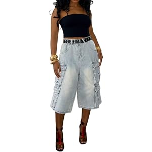 Women Casual Bermuda Cargo Jean Shorts High Waist Baggy Wide Leg Y2k Denim Short Pants Stretchy Knee Length Jorts Pocket