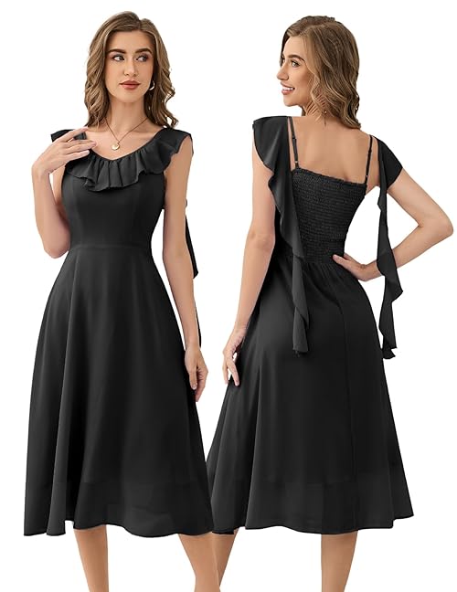 HomRain Ruffle Formal Dress Spring Elegant Black Funeral Chiffon Cocaktail Dresses for Women 2025 Black M