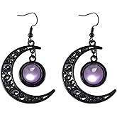 Gothic Moon Dangle Earring,Vintage Crystal Glass Crescent Drop Earrings Punk Style Dark Victorian Earrings Mystery Vampire Jewelry Halloween Outfit Accessories for Women (Purple)