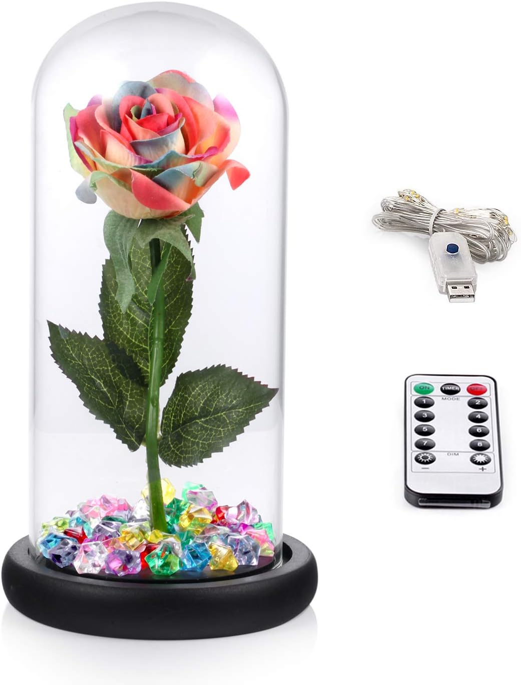 Louis Garden Beauty and The Beast Rose Kit, Colorful Silk Rose and Led Light with Crystals in Glass Dome on Wooden Base for Home Decor Holiday Party Wedding Anniversary