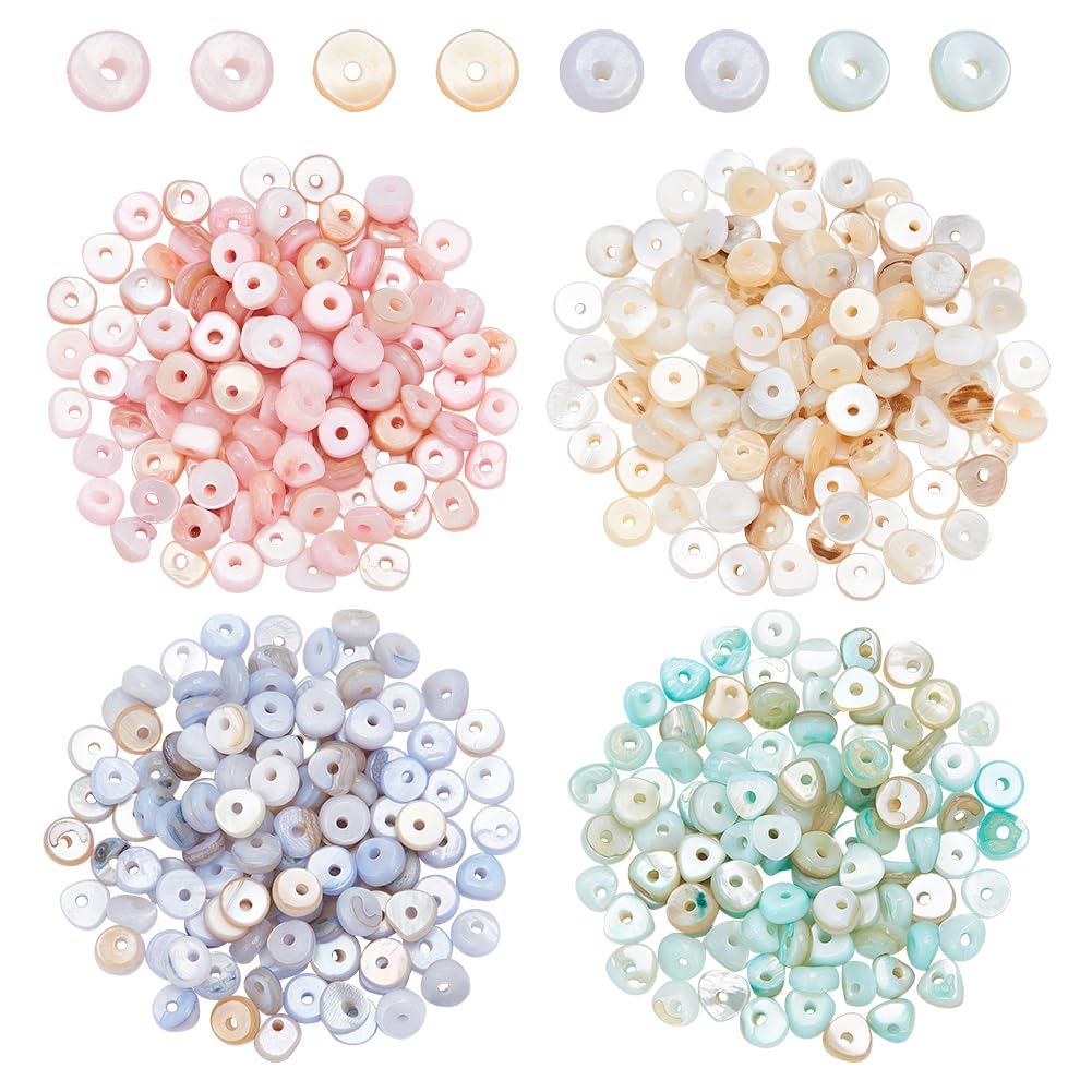 NBEADS 400-460 Pcs Natural Shell Beads, 4 Colors (Peachpuff, Turquoise, Light Steel Blue, Bisque), Round, Flat/Disc, Loose, Puka Shells, DIY Bracelet Necklace Jewelry