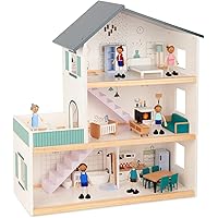 TOOKYLAND Wooden Dollhouse Play Set - 31pcs - 6 Dolls and Furniture Included, Ages 3+