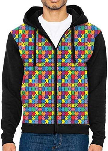 Joapron colorful Puzzle Piece Autism Awareness1 Men's Zipper Splicing Overcoat Belt Hat and Pocket S