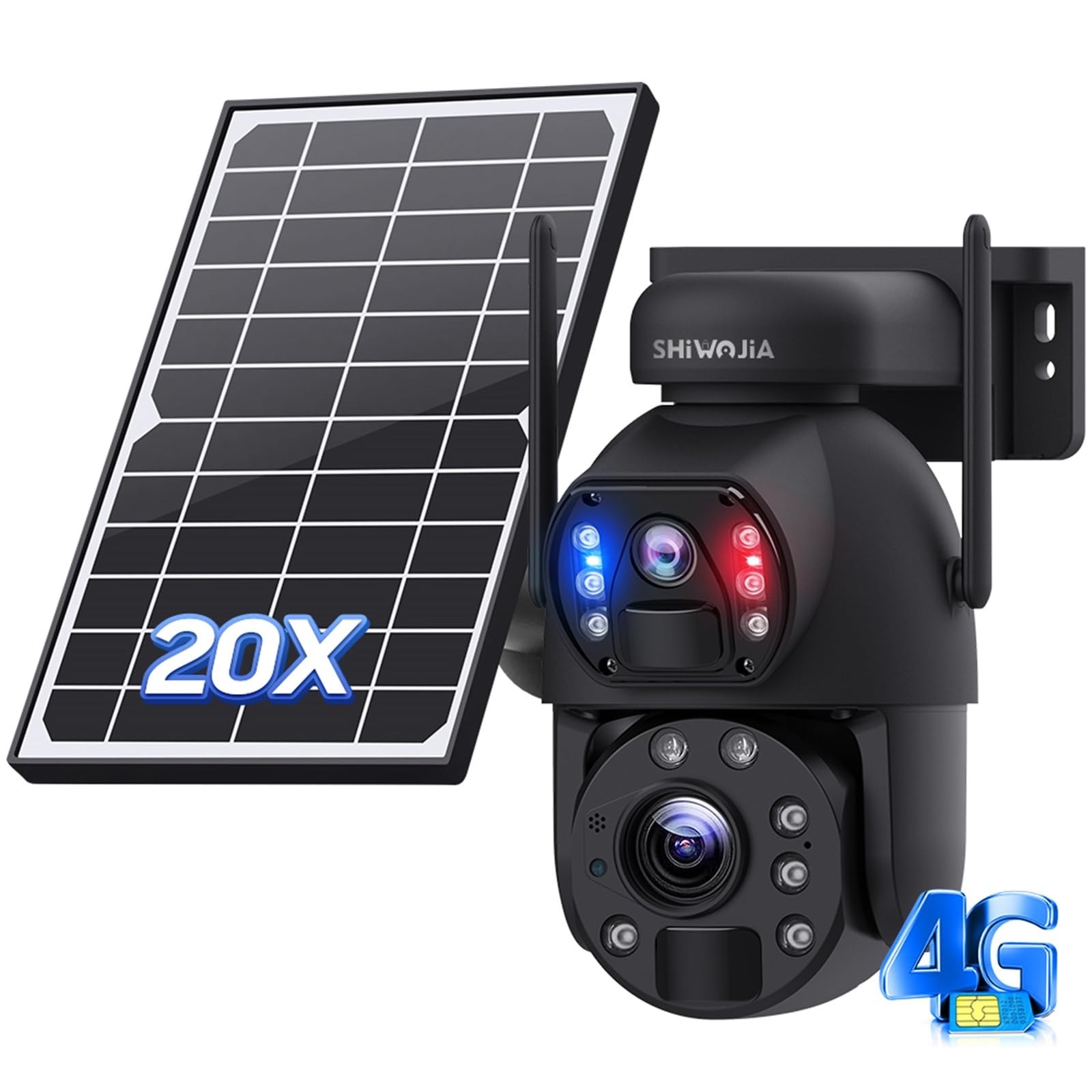 SHIWOJIA Security Camera Outdoor Solar NO WiFi, 4G Camera Dual Lens 20X Zoom, 6MP Solar Camera with Color Night Vision, PIR Human Detection, SD Slot, IP66 Waterproof, Metal Case