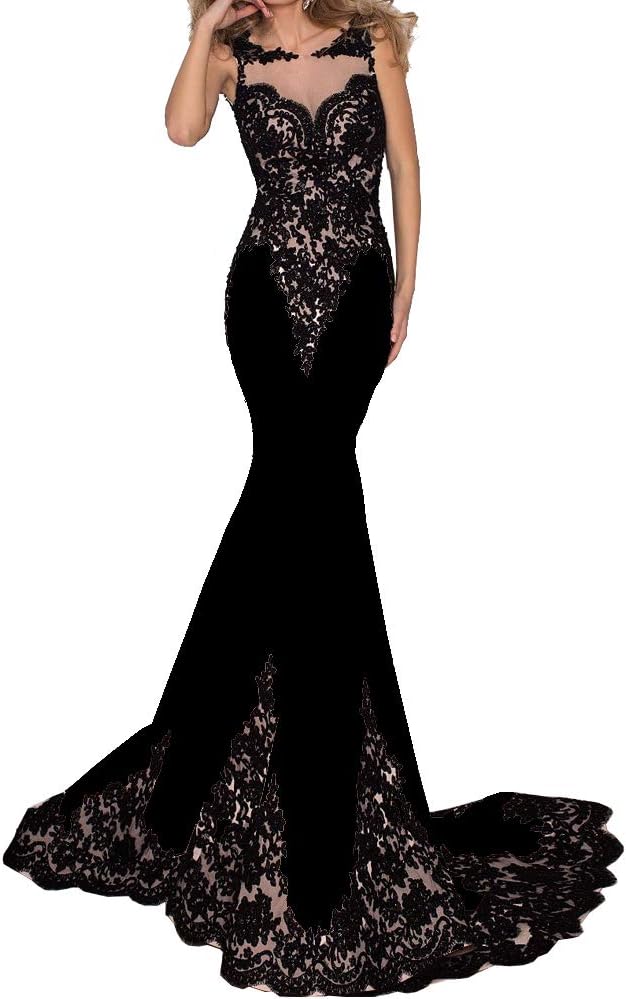 SDRESS Women's Illusion Lace Appliques Sleeveless Mermaid Scoop Neck Long Prom Dresses