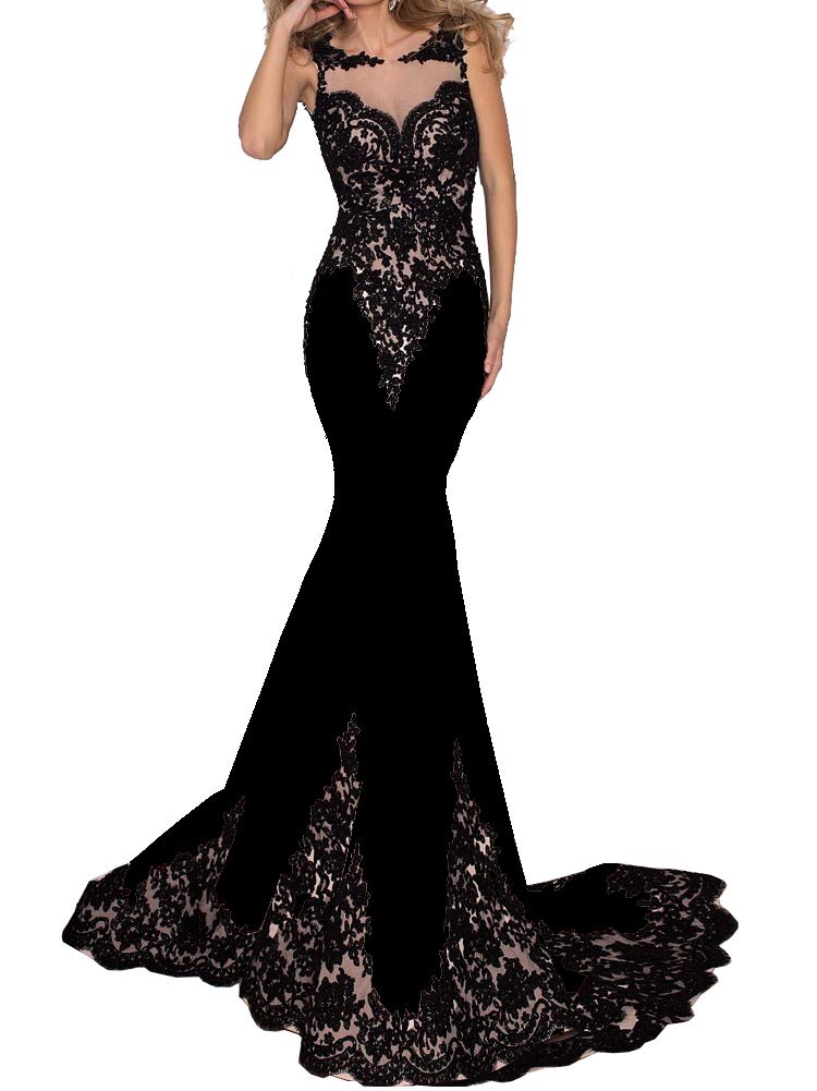 SDRESS Women's Illusion Lace Appliques Sleeveless Mermaid Scoop Neck Long Prom Dresses