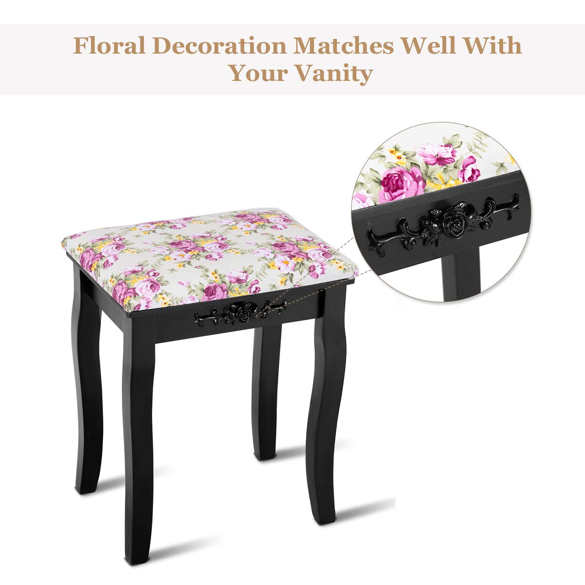 Black Giantex Vanity Stool Wood Dressing Padded Chair Makeup Piano Seat Make Up Bench W Rose Cushion Bedroom Furniture Furniture