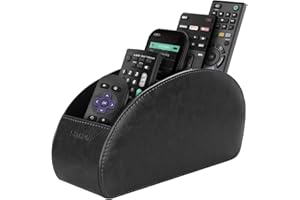 SITHON Remote Control Holder with 5 Compartments - PU Leather Remote Caddy Desktop Organizer Store TV, DVD, Blu-Ray, Media Player, Heater Controllers, Black