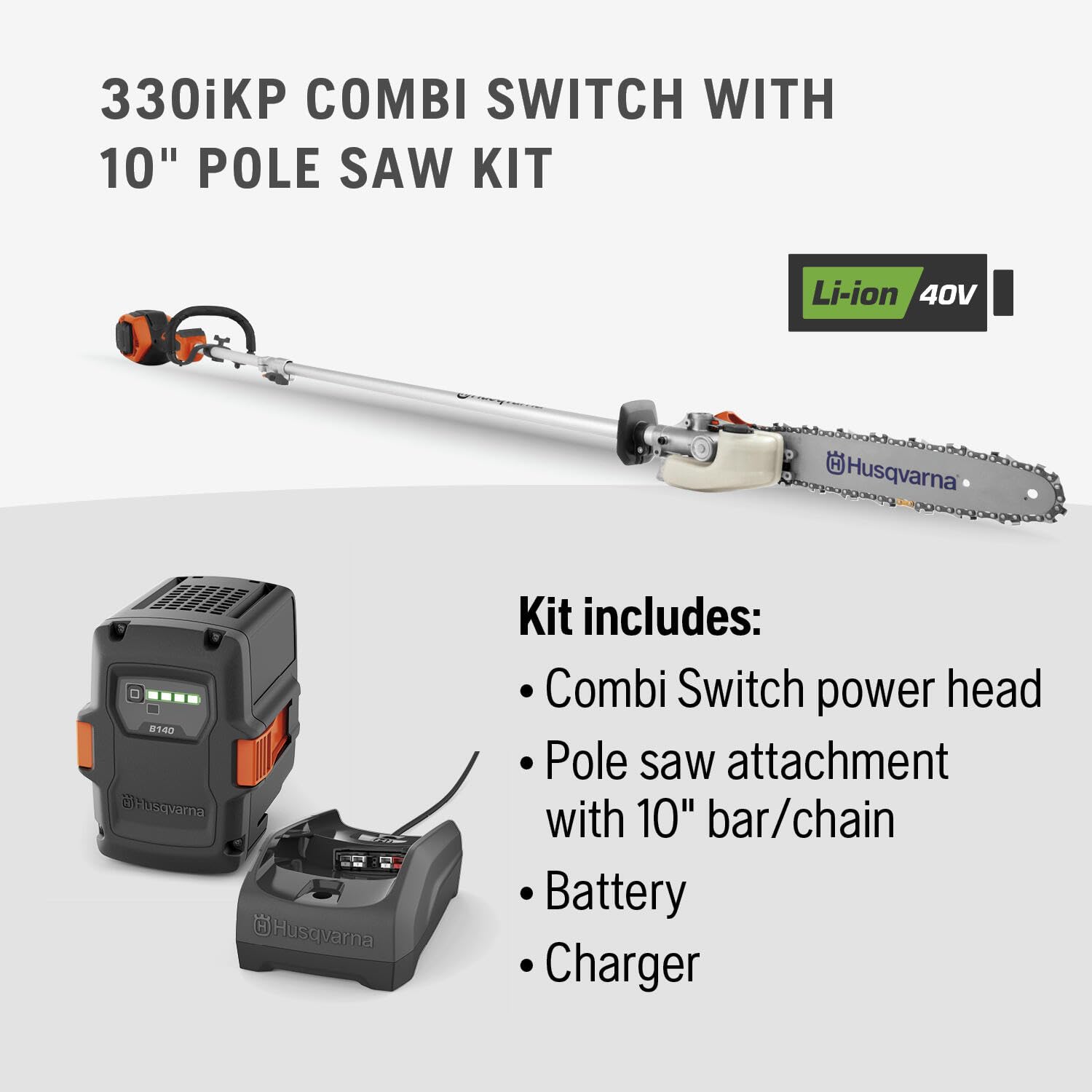 Husqvarna 330iKP Combi Switch + Pole Saw Attachment, 10-Inch Electric Pole Saw with 4 Ah Battery and Charger Included, 970701205