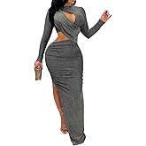 Elainone Women's Sexy Ruched Long Sleeve Bodycon Dress Cut Out Solid Color Basic Fitted Elegant Midi Dresses