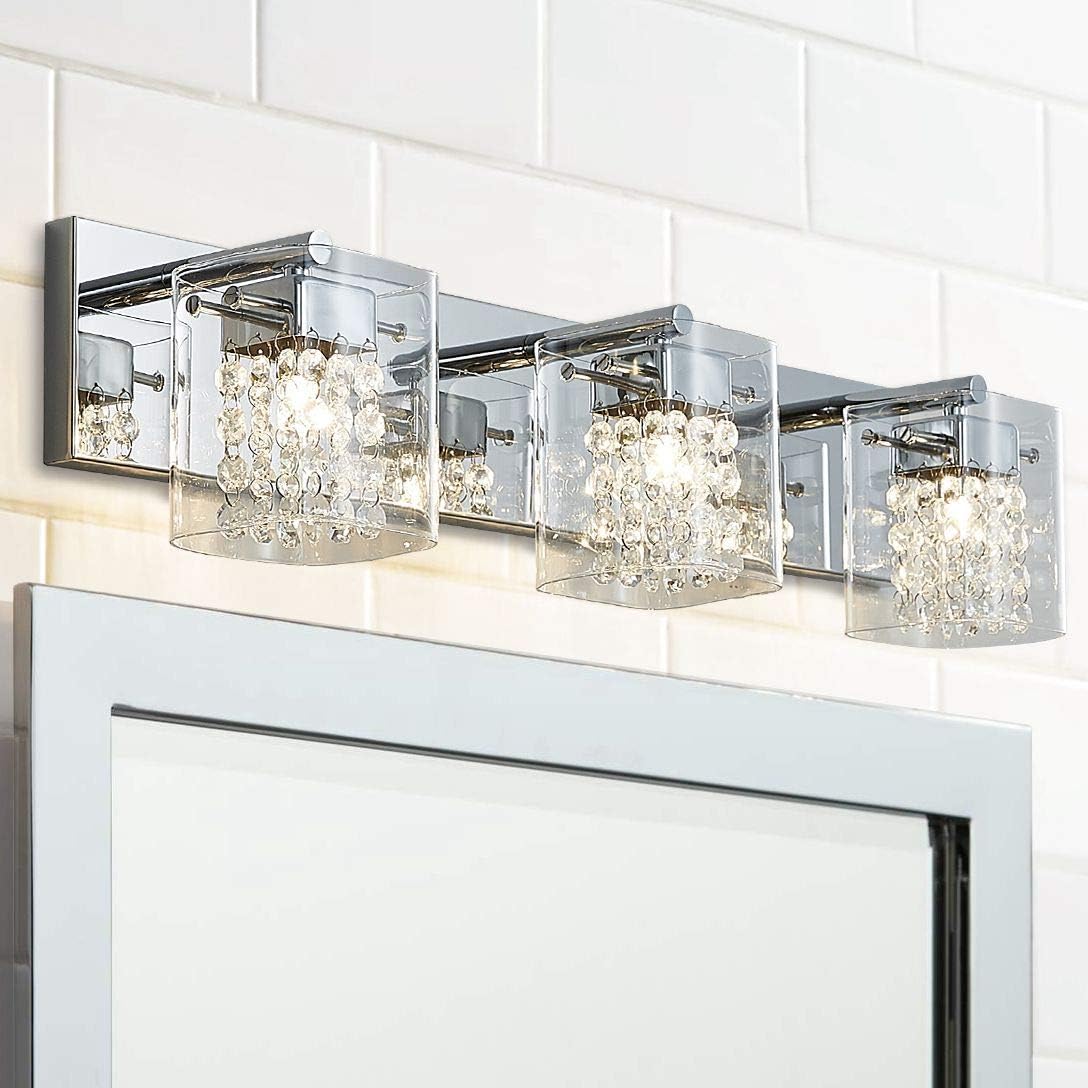 Bestier Modern Chrome Crystal Glass 3-Light Bath Bathroom Vanity Wall Mounted Light Wall Sconce 3 G9 LED Bulbs Required Length 23.6 inch Width 5.9 inch Height 5.5 inch
