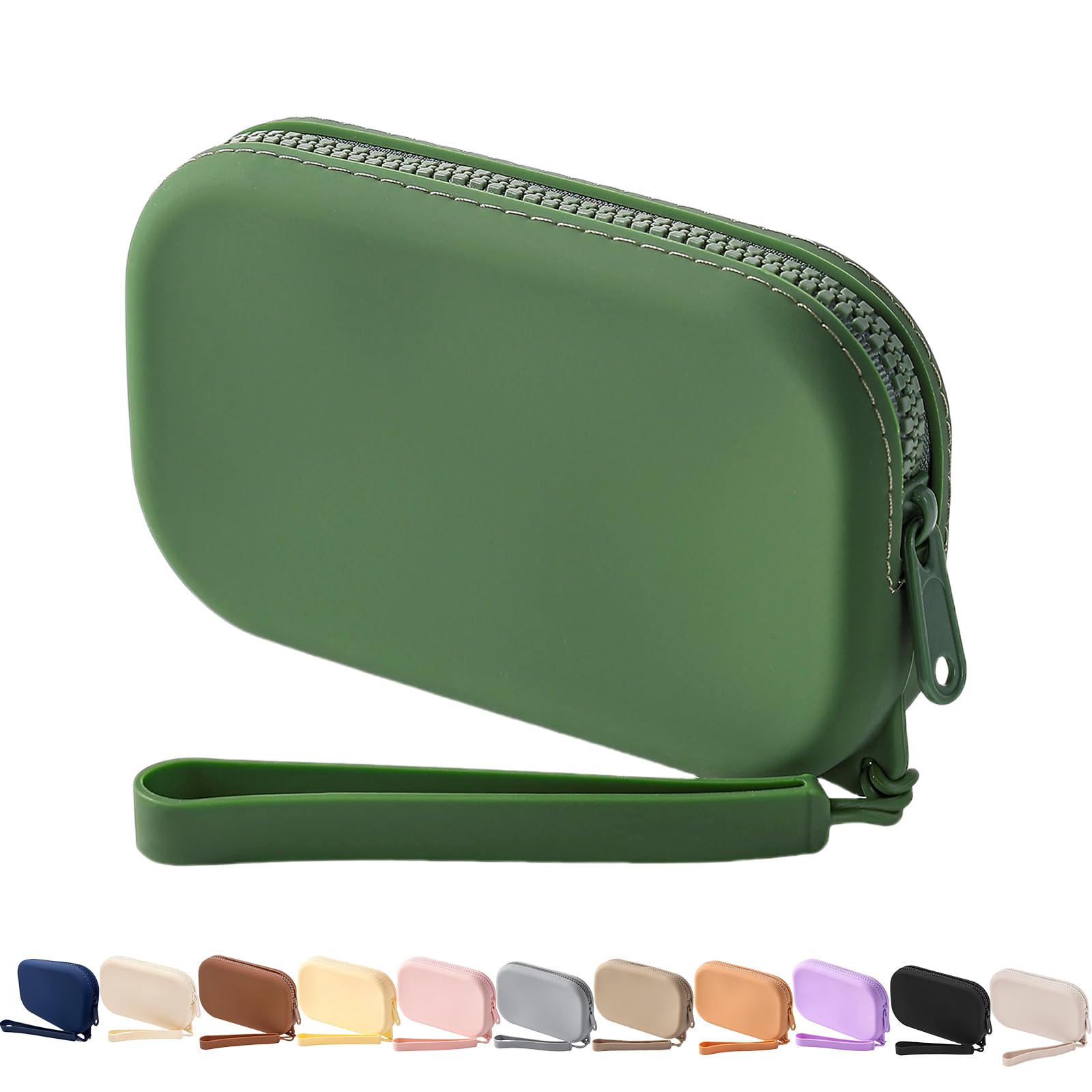 Photo 1 of WHHJM Small Silicone Multifunctional Essential Bag Portable Travel Makeup Bag for Women Men Cards Cash Bag Zipper Pouch (Green)