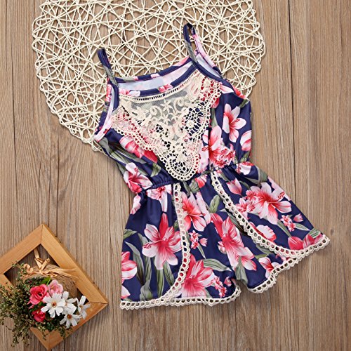 Canis Newborn Baby Girls Floral Ruffle Lace Sling Short Romper Sleeveless Bodysuit (18-24M, Dark Blue)
