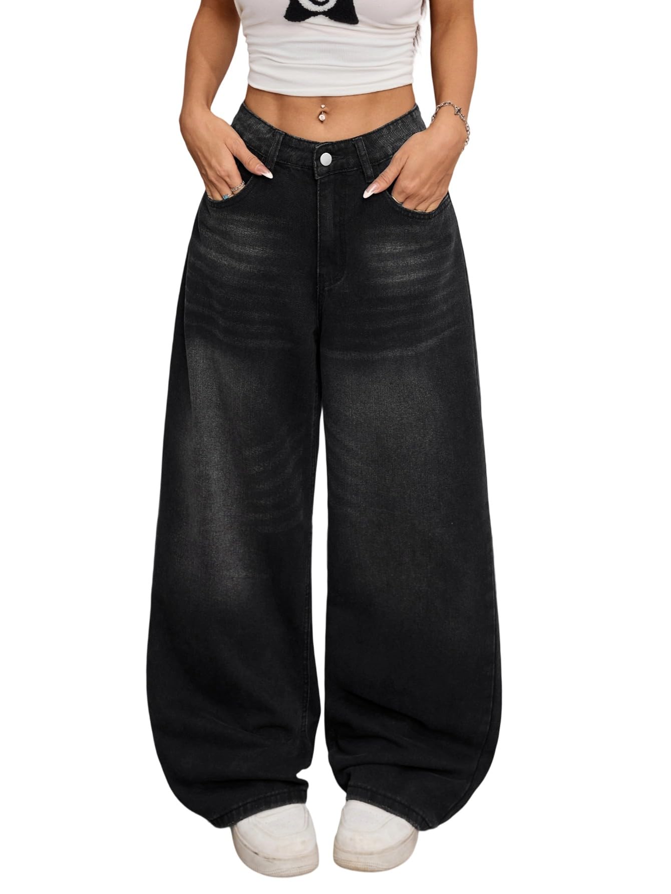 Photo 1 of OYICAI Womens Baggy Jeans Wide Leg Denim Pants Y2k 90s Vintage Hip Hop Loose Long Trousers Streetwear High Waist Retro Casual 2000s Oversized Extreme Motion Jinco Skater,H28 Black,Medium