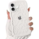 NITITOP Compatible for iPhone 16 Case Cute Clear Flower Floral Curly Wave Frame Shape Wavy Shockproof Soft TPU 2 in 1 Protective Phone Cover for Women Girl - White Flower