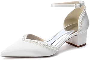 EICOFF Women's Pointed Toe Pearl Wedding Shoes for Bride Satin Closed Toe Chunky Mid High Heel Pump Prom Evening Bridal Party