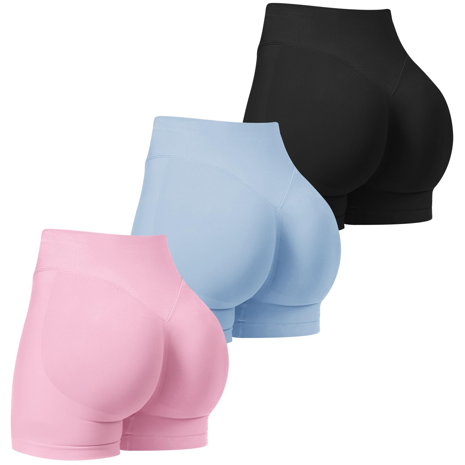 Photo 1 of TDIFFUN Workout Shorts for Women 3 Pack Seamless Scrunch Butt Lifting Gym Impact Shorts Yoga Biker Booty Athletic Shorts(Black+Pink+Blue,S)