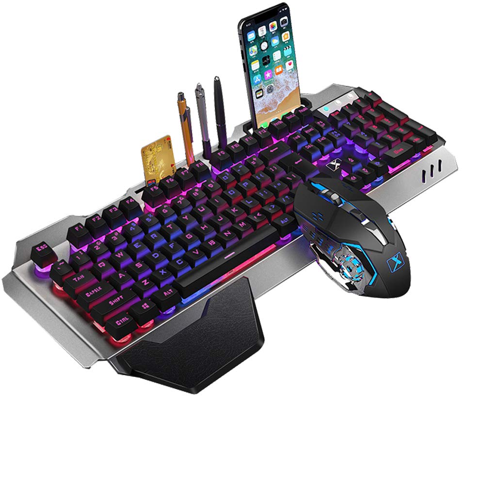 2.4G Mechanical Feel Rechargeable Wireless Keyboard and Mouse Set, 3000 mAh Capacity, LED Backlit Metal Panel Waterproof Ergonomic USB Gaming Keyboard Anti-Ghosting+ 2400 DPI 6 Buttons Gaming Mouse