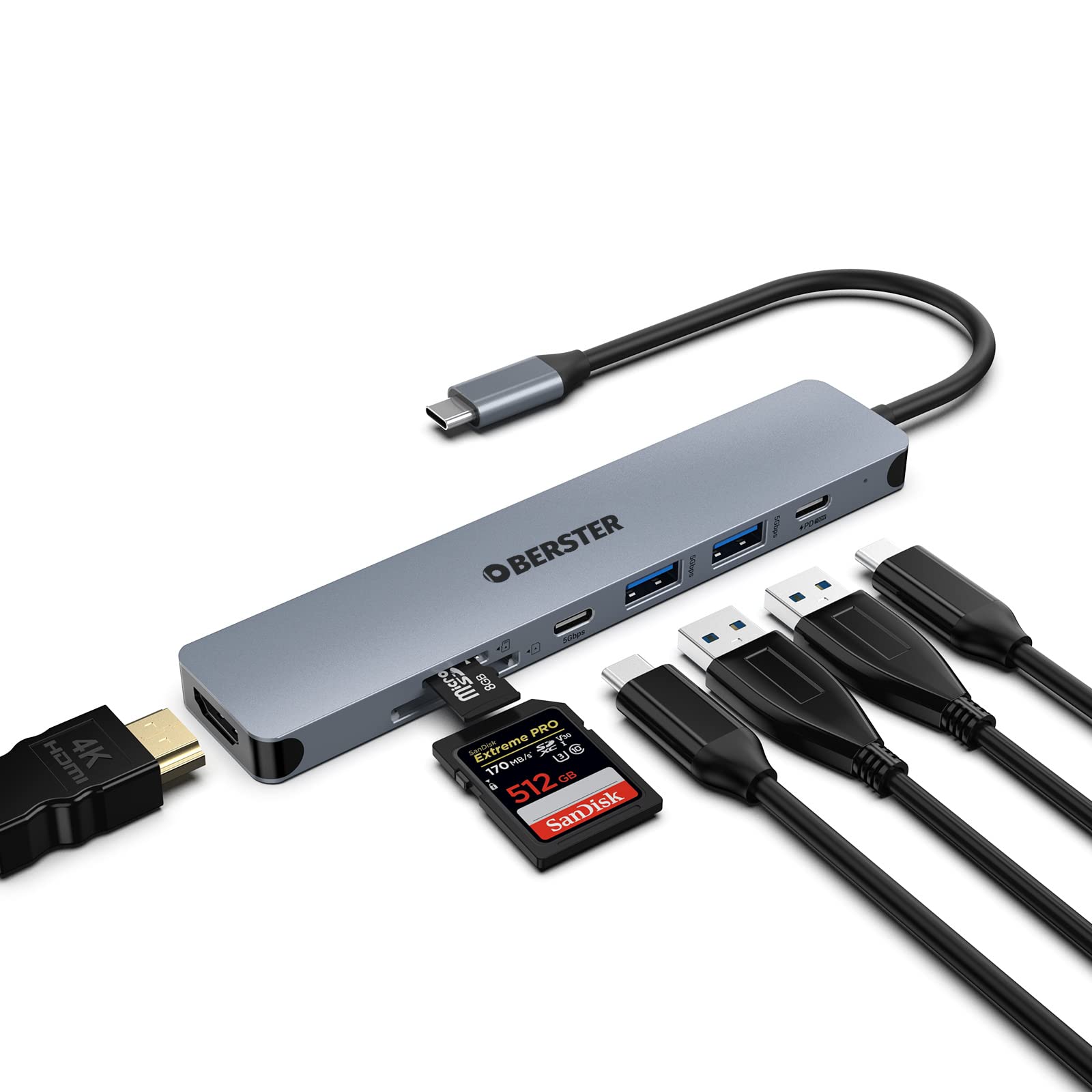 OBERSTER USB C Hub Dual Monitor, 7 in 1 Multiport USB C Dock 4K HDMI Output, USB 3.0, 100W PD, SD/TF Card Reader USB C Adapter Compatible with MacBook Pro/Air/Surface Pro 8 and Other Type C Devices