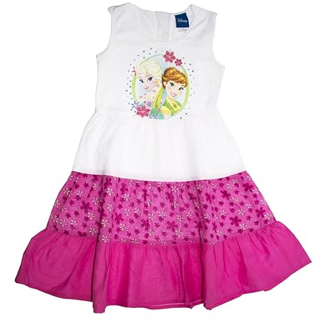 Mädchen-Kleid Eiskönigin Sommer-Kleid Weiss mit pink und Blümchen, Freizeit-Kleid ÄRMELLOS mit EIS-Prinzessinnen, Anna und EL
