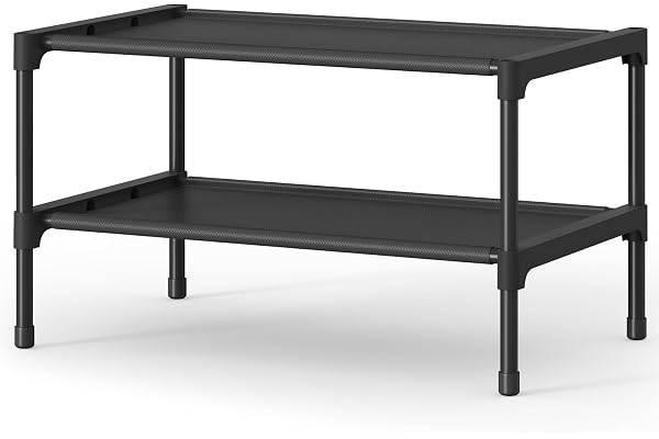 SONGMICS Shoe Rack, 2-Tier Shoe Storage Organizer, Space-Saving, Entryway, Metal Frame, Non-Woven Fabric Shelves, Ink Black U
