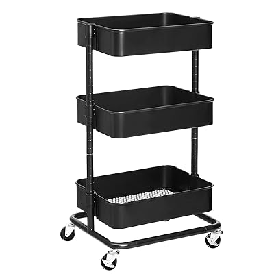 SONGMICS 3-Tier Metal Rolling Cart with Adjustable Shelves