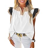 Tankaneo Womens Ruffle Color Block Tank Tops Summer Casual Dressy V Neck Pleated Blouse Loose Fit Sleeveless Shirts