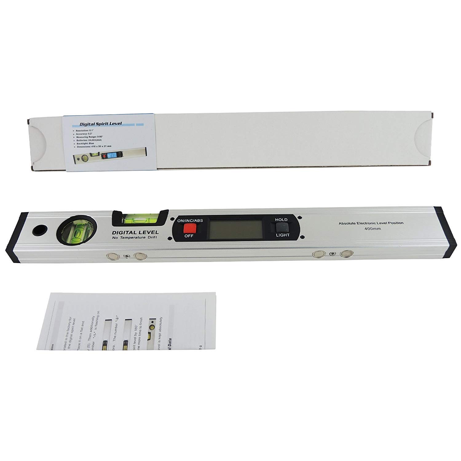 Digital Spirit Level-Angle Finder 4 ✖ 90° Range(Total 360°),Diglife 415mm Level Digital LCD Inclinometer, Upright Magnetic Bottom,with 2 Bubble Block, 4 Strong Integrated Magnets(Silver)