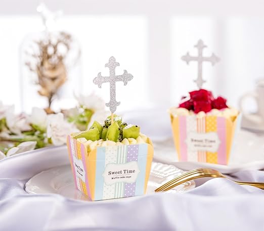 Dyixin Cross Cupcake Toppers Christening Decorations First
