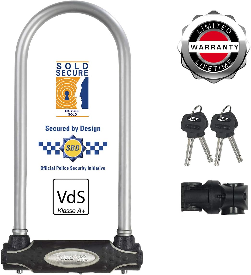 Master LockHeavy Duty Bike D Lock [Key] [Universal Mounting Bracket] [Certified Bike Lock] [Long Shackle] [Silver] 8195EURDPROLWS - Ideal for All Kinds of Bike