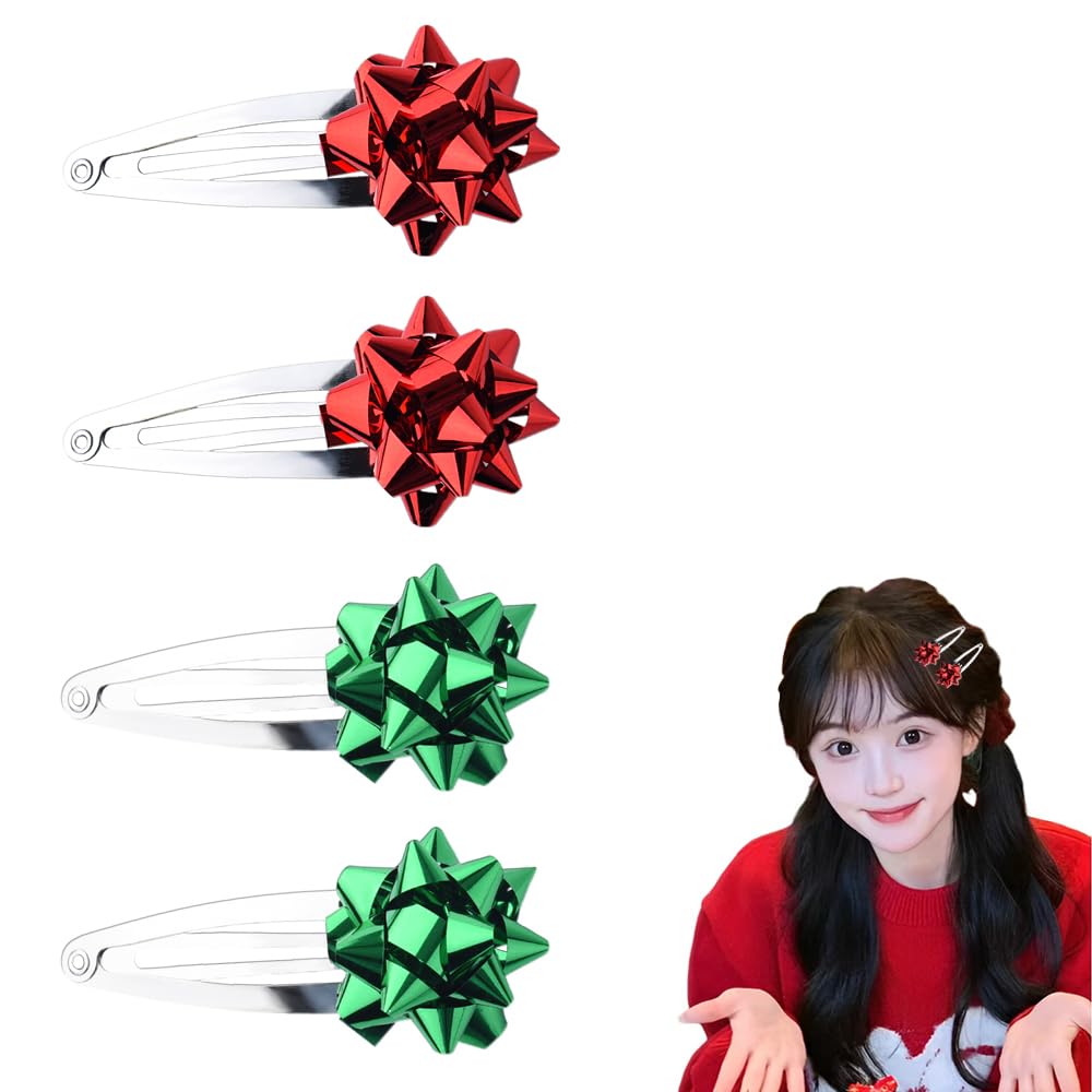 Christmas Snap Hair Clips Accessories for Women Girls Confetti Bow Hair Clips for Christmas Party Green Red Bow Hair Clip for Women Girls Metallic Confetti Hair Clips Slides Christmas Gifts 4pcs