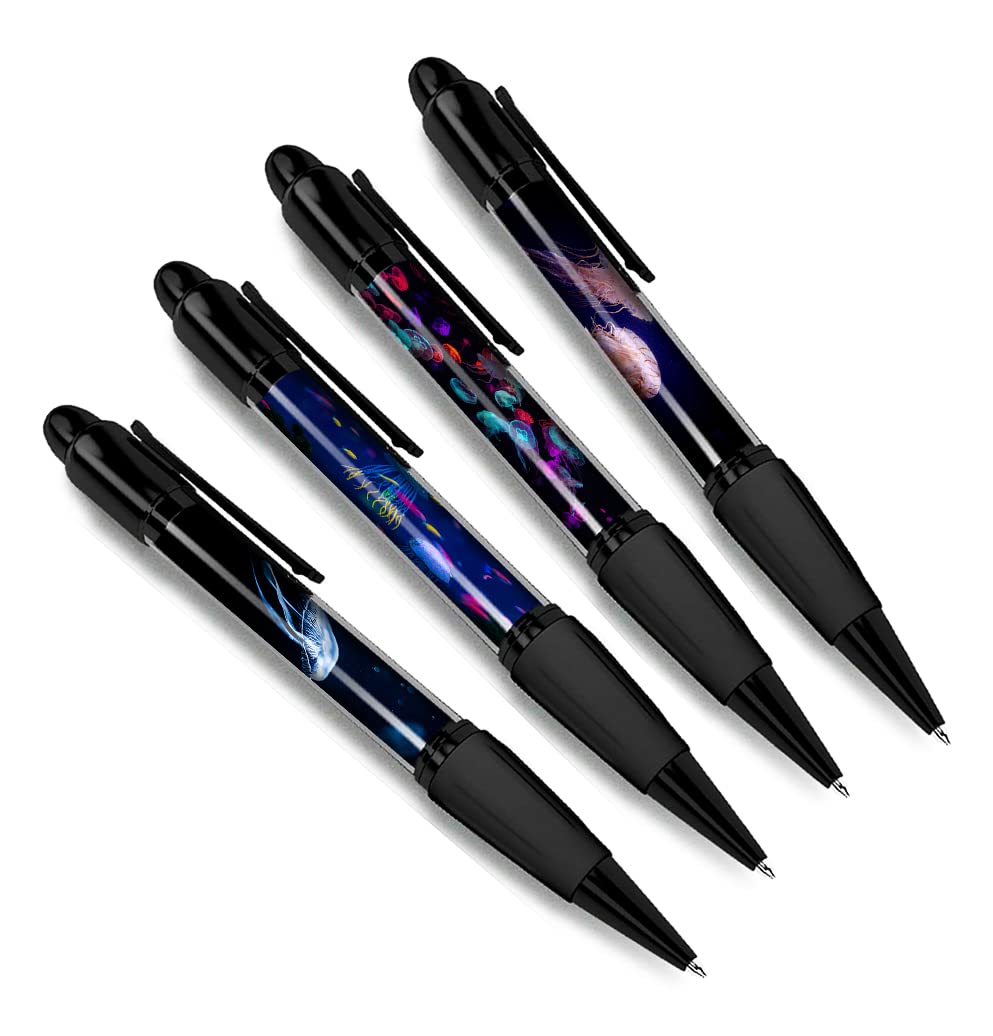DV DESIGN Set of 4 Jellyfish Black Ballpoint Pens - Sea Ocean Animal Nature Wildlife Wild Travel Portrait Boys Girls Men Women Theme Pen #79455