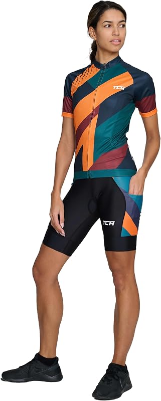 Cuissard Vélo À Bretelles Femme Rembourré – Cuissard Cyclisme avec Poches Latérales – Tissu Séchage Rapide Route, Gravel & VTT - Orange Graphic, S
