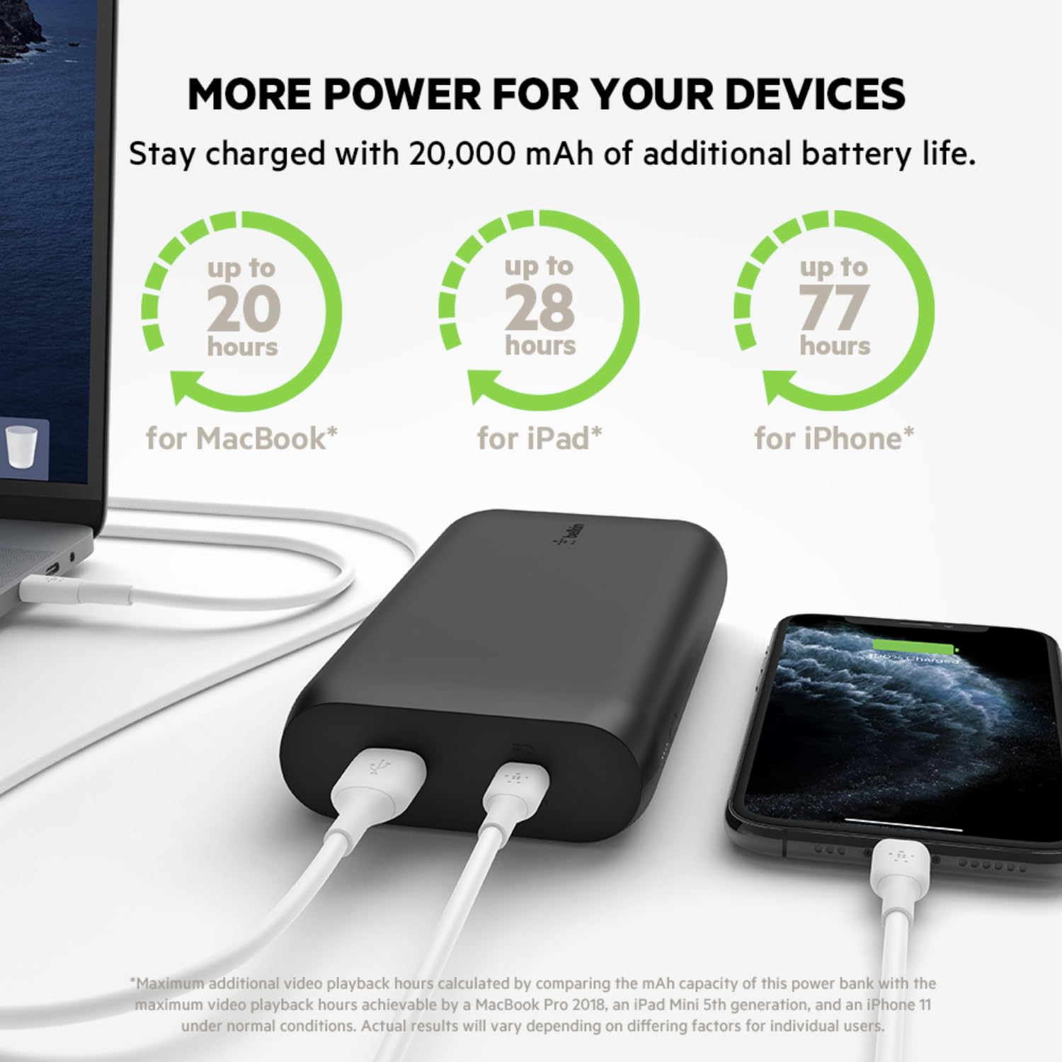Belkin Portable Charger - USB-C Cable Included - USB C Power Bank PD 20000 mAh, iPhone Charger Fast Charging Apple iPhone 16, iPad Pro, Samsung Galaxy S25, Nintendo Switch 2 & More - Black