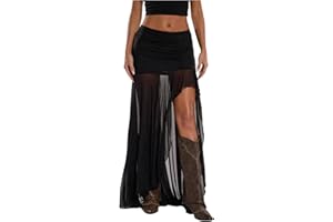 Verdusa Women's Western Sheer Mesh Pleated Maxi Skirt Split Thigh Asymmetrical Bodycon Long Skirts